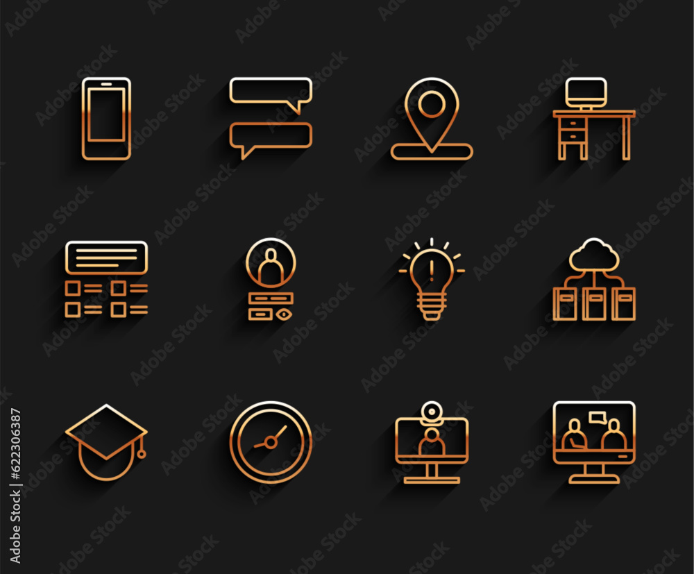 Set line Graduation cap on globe, Clock, Mobile phone, Video chat conference, Online education, Create account screen, Cloud or online library and Light bulb with concept of idea icon. Vector Set line Graduation cap on globe, Clock, Mobile phone, Video chat conference, Online education, Create account screen, Cloud or online library and Light bulb with concept of idea icon. Vector