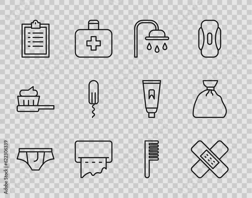 Set line Underwear, Crossed bandage plaster, Shower head, Paper towel dispenser on wall, Clipboard with checklist, Sanitary tampon, Hairbrush and Garbage bag icon. Vector