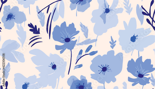 Hand drawn bright blue simple abstract floral print. Minimalist trendy pattern. Fashionable template for design.