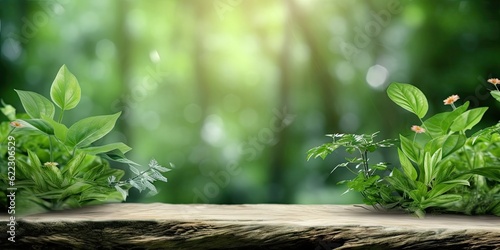 Wooden Platform Landscape with Green Plants Bokeh Panorama Background. Nature Outdoors  Trees  Wood and Blurred Copy Space