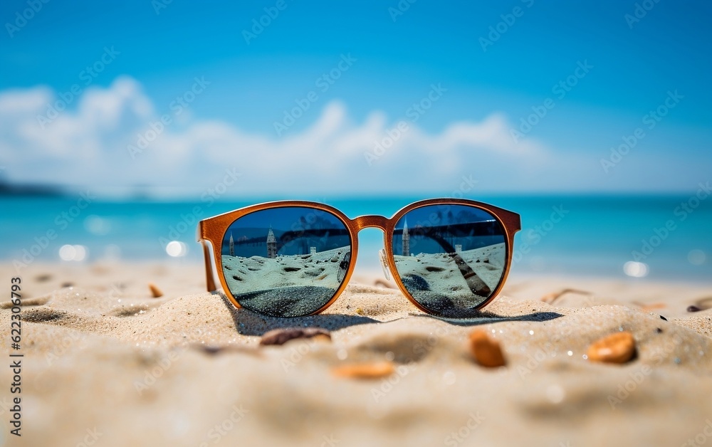 A pair of sunglasses sitting on top of a sandy beach. AI