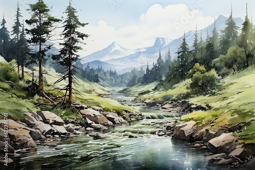 Mountain and river watercolor © Ramon Grosso