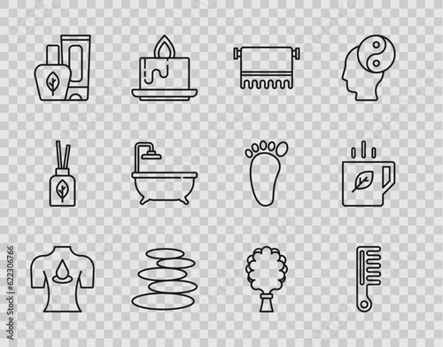 Set line Massage with aroma oils, Hairbrush, Towel on hanger, Stack hot stones, Ointment cream tube, Bathtub, Sauna broom and Cup of tea and leaf icon. Vector