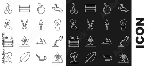 Set line Watering plant, can with water, Tree pot, Apple, Gardening handmade scissors for trimming, of environmental protection, Cherry and trowel spade shovel icon. Vector