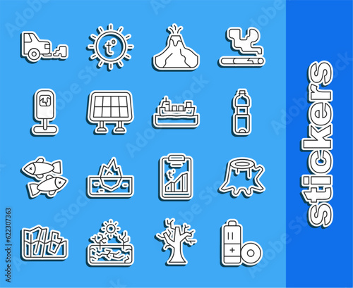Set line Battery, Tree stump, Bottle of water, Volcano eruption with lava, Solar energy panel, Trash, Car exhaust and Oil tanker ship icon. Vector