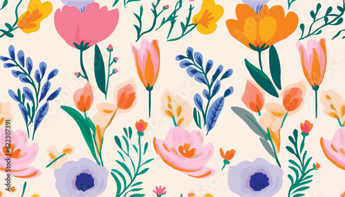 Hand drawn colorful naive abstract floral print. Cute collage pattern. Fashionable template for design.