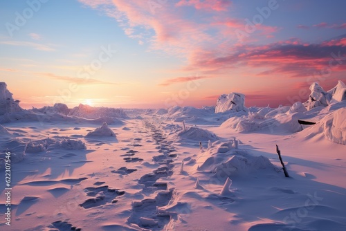 Uncharted Footprints: A Captivating Snowscape Illuminated by the Serene Light of a Setting Sun, Decorated with the Enigmatic Trails of Wildlife Treading on Untouched Terrain Generative AI 