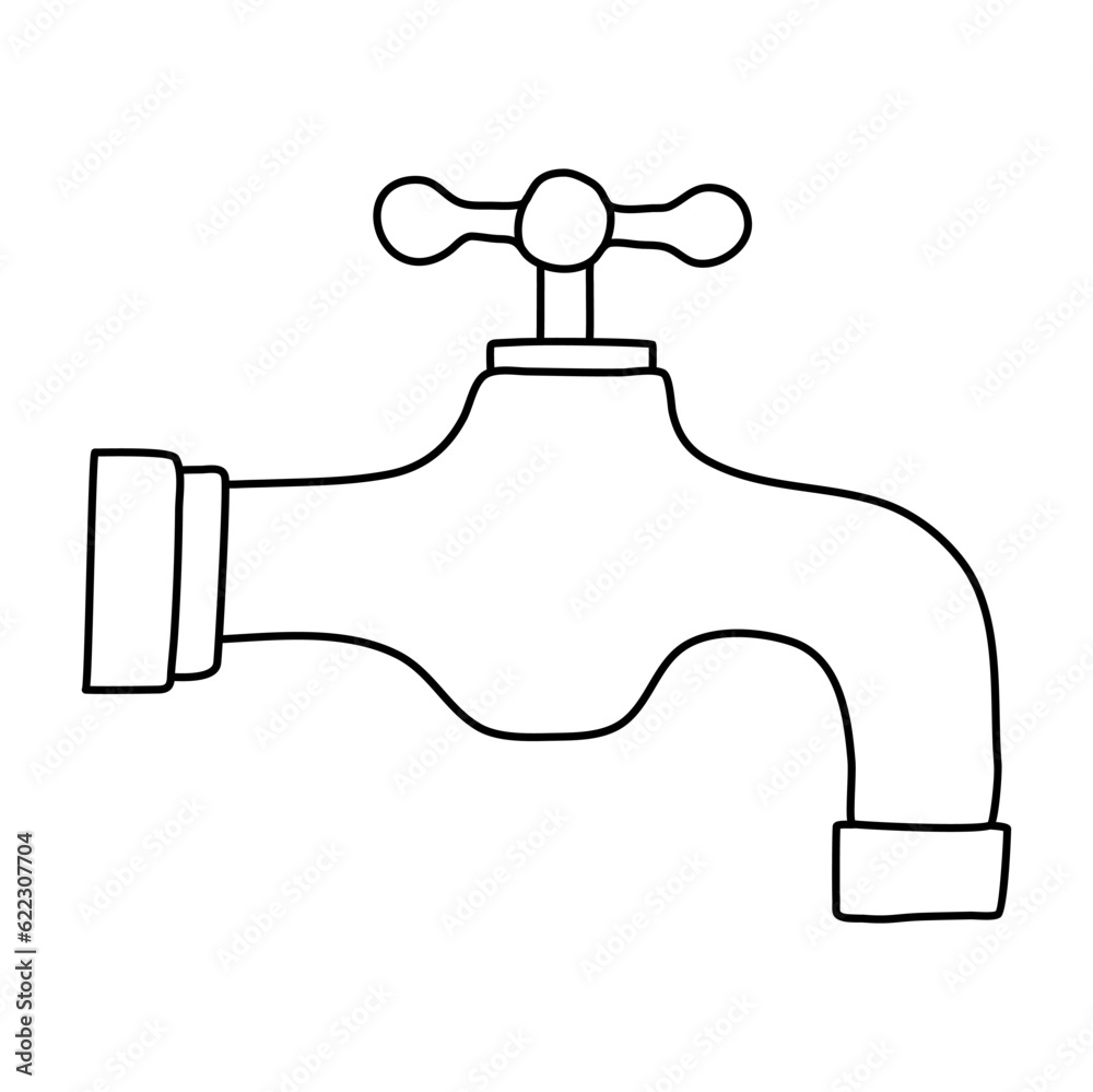Vector illustration of  water tap or faucet on white background. Hand drawn doodle.