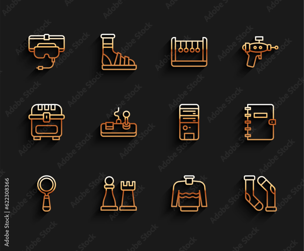 Set line Magnifying glass, Chess, Virtual reality glasses, Sweater, Socks, Gamepad, Spiral notebook and Computer icon. Vector Set line Magnifying glass, Chess, Virtual reality glasses, Sweater, Socks, Gamepad, Spiral notebook and Computer icon. Vector
