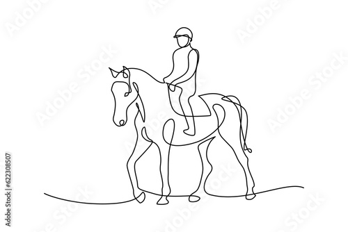 Horse rider in continuous line art drawing style. Equestrian sport black linear sketch isolated on white background. Vector illustration