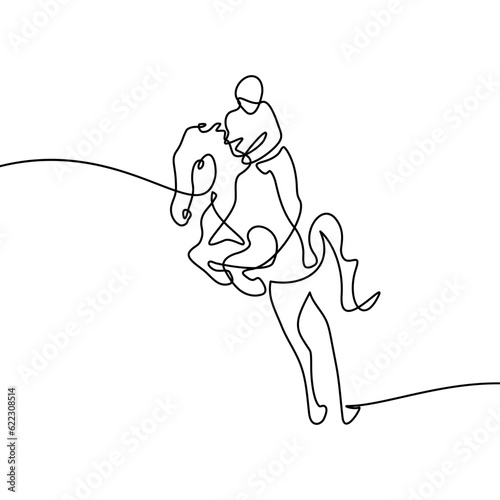 Horse rider in continuous line art drawing style. Horse and rider perform show jumping. Equestrian sport black linear sketch isolated on white background. Vector illustration