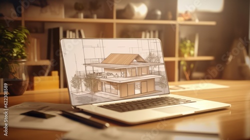 Workplace of an architect, interior designer, engineer. Laptop with a project on the monitor, blueprints, drawing tools and home decor on the table. Remote work concept. Mockup, 3D illustration.