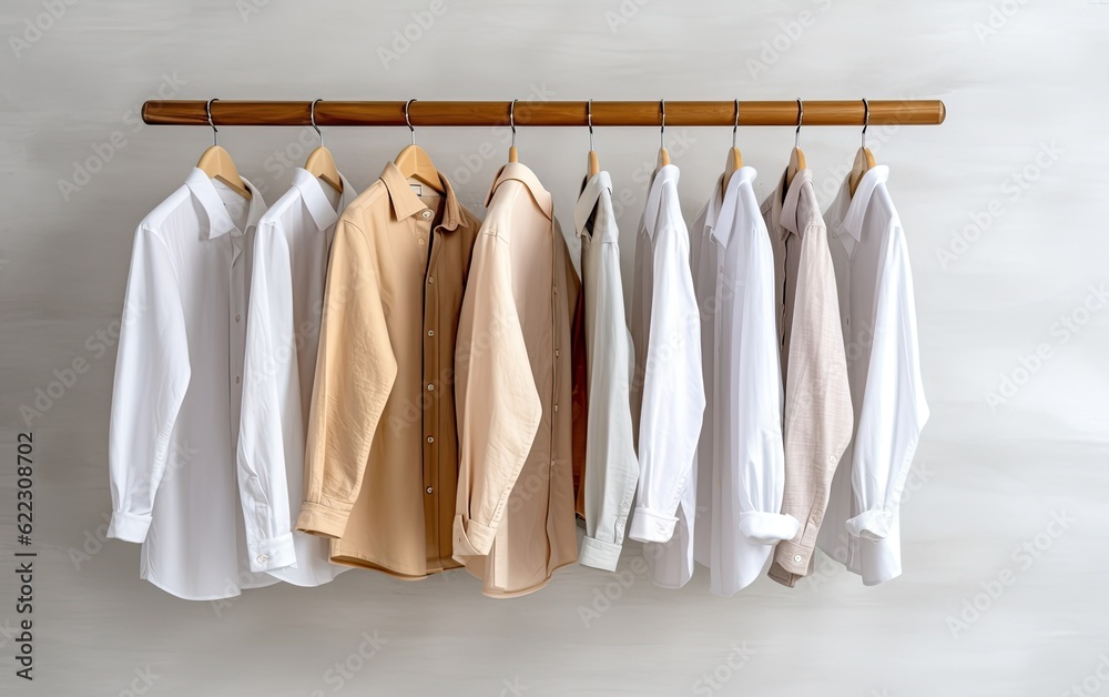 Rack with clean shirts near light wall generative ai