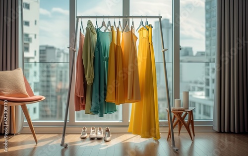 Rack with clean dresses in modern apartment on  on blur city view from big window background generative ai