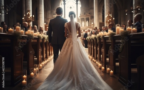 Fotografia A bride and groom walking down the aisle of a church during their wedding ceremony
