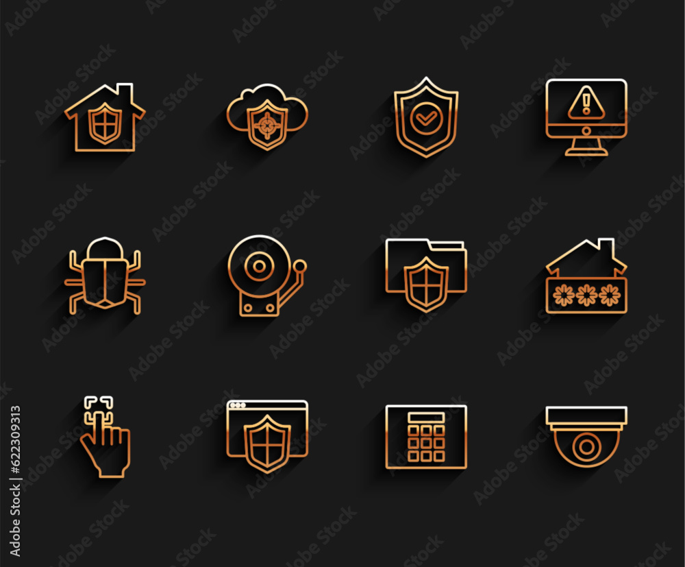 Set line Fingerprint, Browser with shield, House under protection, Password, Security camera, Ringing alarm bell, password and Document folder icon. Vector Set line Fingerprint, Browser with shield, House under protection, Password, Security camera, Ringing alarm bell, password and Document folder icon. Vector