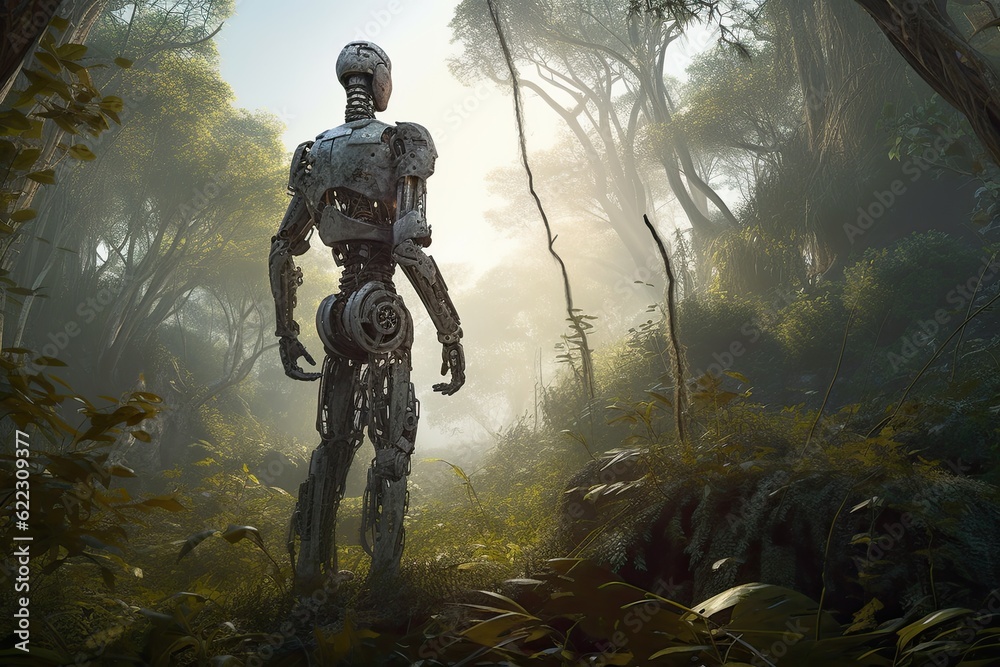 humanoid robot in a post-apocalyptic world in the wild