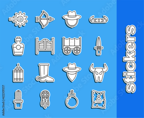 Set line Wanted western poster, Buffalo skull, Dagger, Western cowboy hat, Saloon door, Tequila bottle, Spur and Wild covered wagon icon. Vector