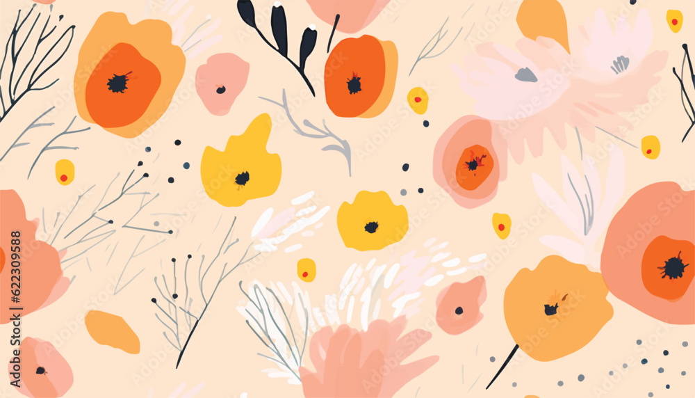 Hand drawn cute warm artistic flowers print. Abstract collage pattern. Fashionable template for design. Hand drawn cute warm artistic flowers print. Abstract collage pattern. Fashionable template for design.