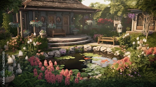 Painting of a japanese garden with a pond and a gazebo. 3D illustration
