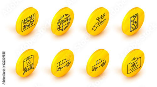Set line Taxi driver license, Car, Train, City map navigation, Hand with taxi, car roof and Location icon. Vector