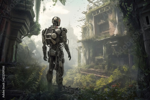 humanoid robot standing amidst a lush, overgrown post-apocalyptic landscape, hinting at a future where AI has become an integral part of nature's rebirth