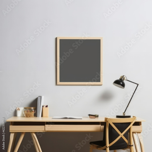 Fototapeta Naklejka Na Ścianę i Meble -  room interior mock up room house beautiful background working table and chair with blank copy space poster artwork hanging in the backdrop wall home design decoration,generative ai