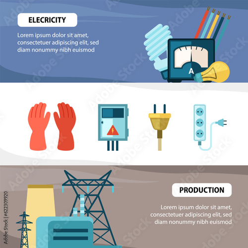 electricity repair items hoizontal banner. high voltage cords, battery bulbs. Vector horizontal background