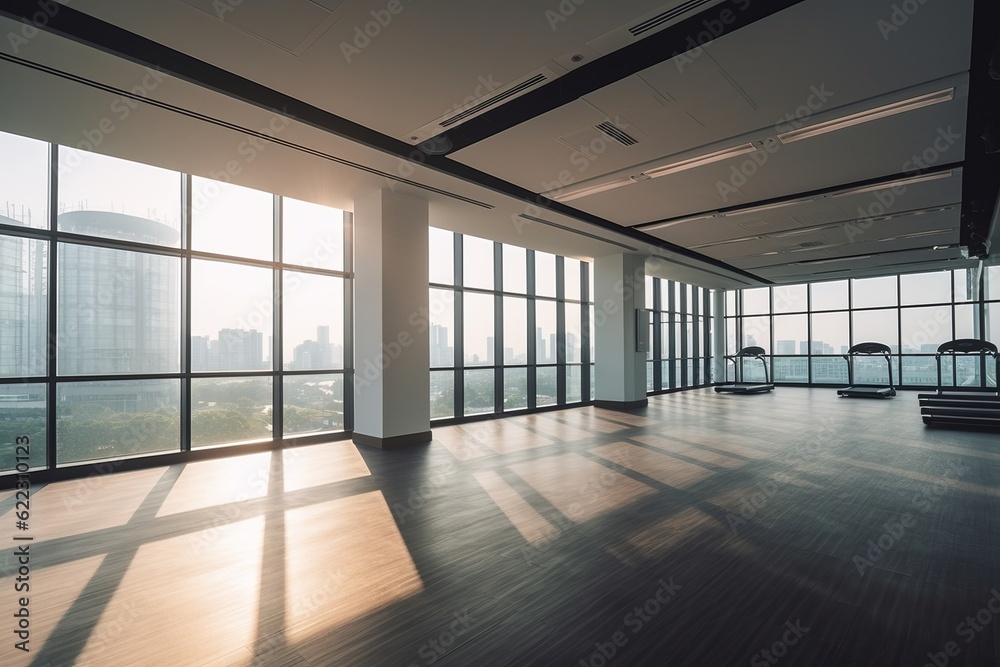 Fitness center gym interior design with daylight big window center city high rise building background Created with Generative AI Technology.