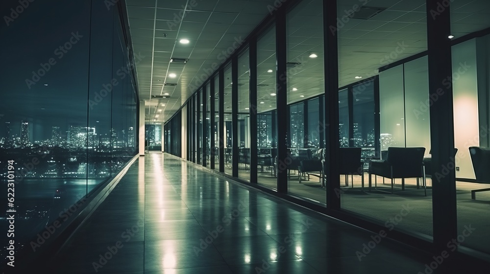 Modern Design office interior hallway corridor walkway office space background no people night time with urban night downtown city background,Generative AI