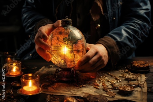 Journey to the Unknown: Hands Embracing a Lantern, Casting a Warm Glow on an Ancient, Tattered Treasure Map Spread Across a Wooden Table Generative AI 