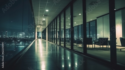 Modern Design office interior hallway corridor walkway office space background no people night time with urban night downtown city background,Generative AI © VERTEX SPACE