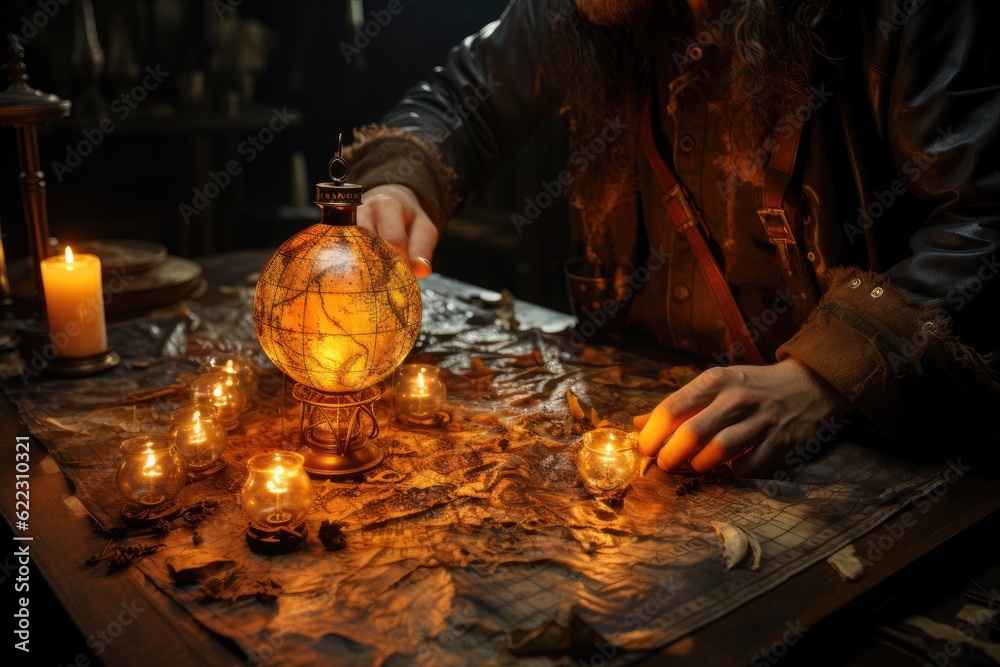 Guiding Light: Hands Holding a Lantern Illuminating an Ancient, Worn-out Treasure Map on a Wooden Table Generative AI	

