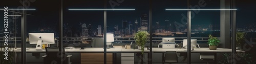 night time office space with row of working office table and work station unit modern interior office design Generative AI