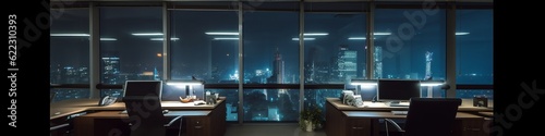 night time office space with row of working office table and work station unit modern interior office design Generative AI