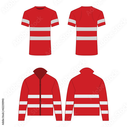 Red high visibility fleece outdoor jacket and tshirt isolated vector on the white background