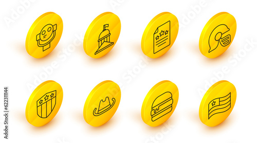 Set line American flag, Burger, Western cowboy hat, Shield with stars, football helmet, Declaration of independence, White House and Tourist binoculars icon. Vector