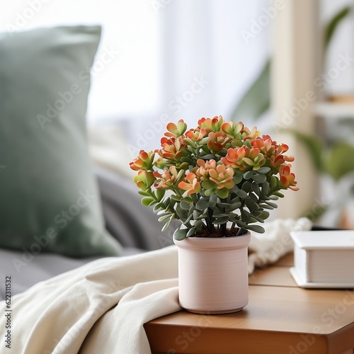 Cute mini Kalanchoe plant in a pot on table beside