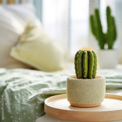 Cute mini Cactus plant in a pot on table beside