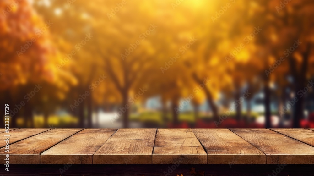 Empty wooden table top with blur background of autumn trees Stock ...