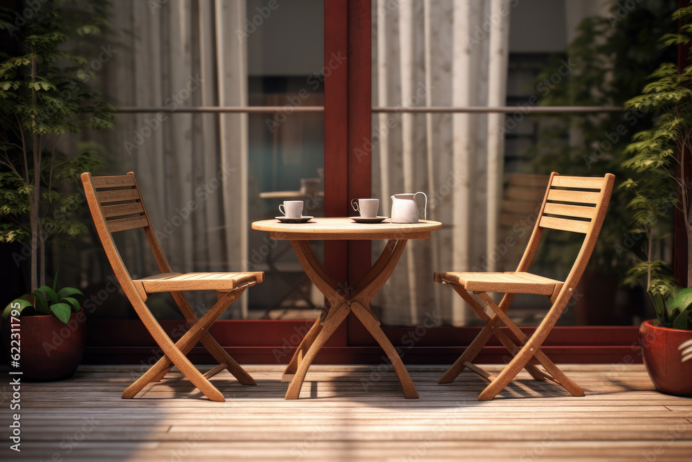 Home terrace table with coffee cups, two wooden chairs and plants. Generative AI Home terrace table with coffee cups, two wooden chairs and plants. Generative AI