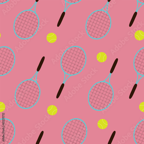 Vector seamless pattern with tennis rackets and balls in cartoon style. Vector tennis background