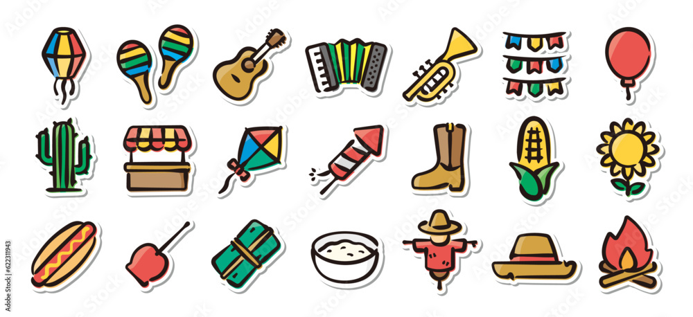 Illustrated sticker set of Festa Junina.Quick and simple to use.
