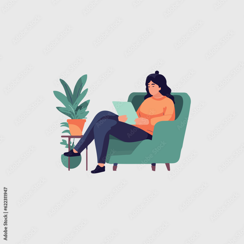 woman sitting in armchair watching on tablet