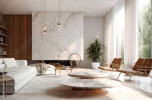Two brown lounge chairs against white sofa and round coffee tables. Mid-century home interior design of modern living room with marble wall. Created with generative AI