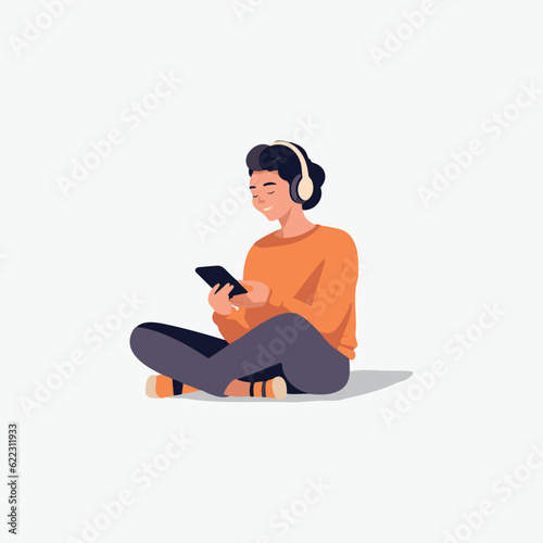 sweet woman working on her cell phone listening to music on headphones