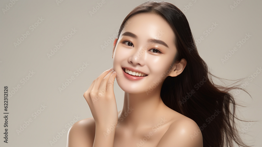 Beautiful Asian Woman with Perfect Skin Touching Her Skin After A Treatment. Dermatology, Spa, Skin Care Concept Beautiful Asian Woman with Perfect Skin Touching Her Skin After A Treatment. Dermatology, Spa, Skin Care Concept