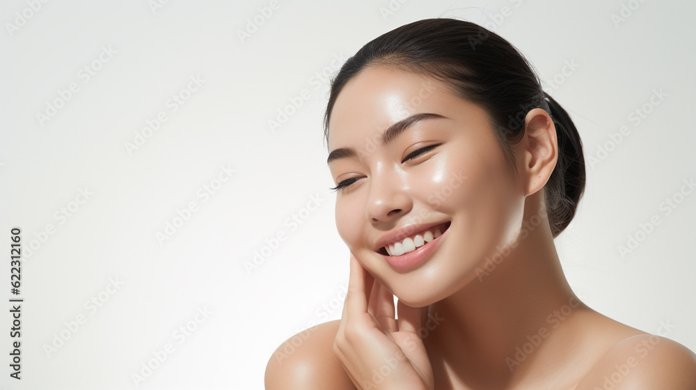 Beautiful Woman with Perfect Skin Touching Her Skin After A Treatment. Dermatology, Spa, Skin Care Concept Beautiful Woman with Perfect Skin Touching Her Skin After A Treatment. Dermatology, Spa, Skin Care Concept
