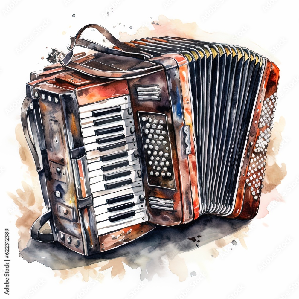 accordion isolated on white，Accordion clip art, accordion watercolor
