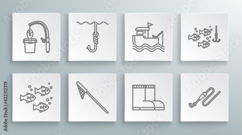 Set line Fish, Fishing hook under water, net, boots, line with and float, boat fishing rod on, and icon. Vector